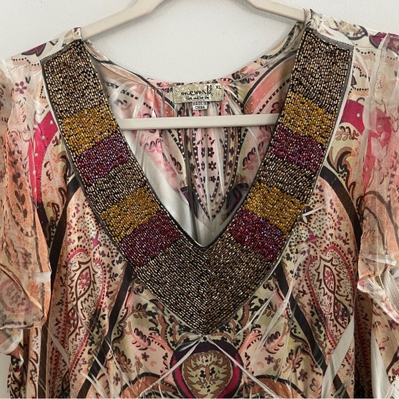 ONE WORLD Bohemian Pink and Beige Patterned Dress Boho Vacation Summer Casual - Picture 2 of 8